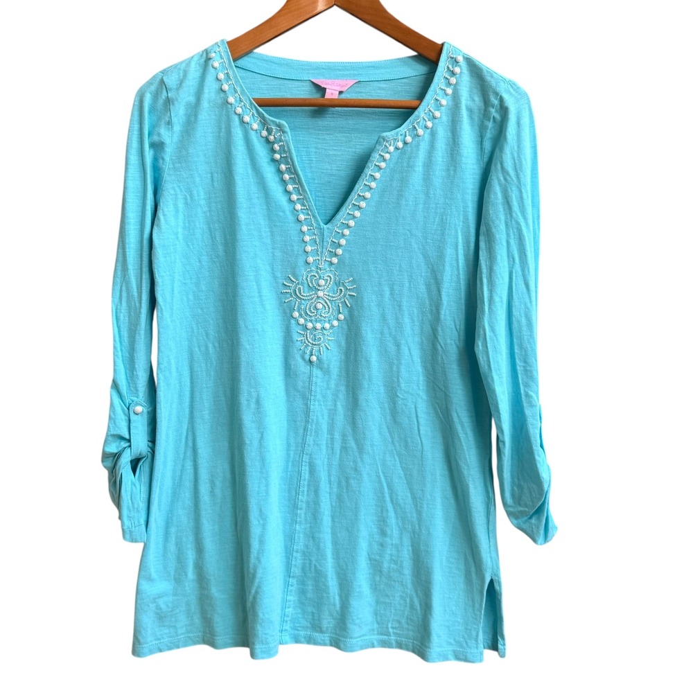 Lilly Pulitzer Eliana Island Blue Tunic‎ Top Embroidered Beaded Resortwear SM